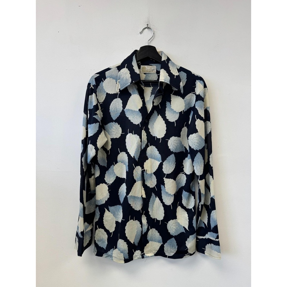 Vintage Kings‎ Road Shirt Mens Medium Blue Leaf Print Button Front Sears 70s